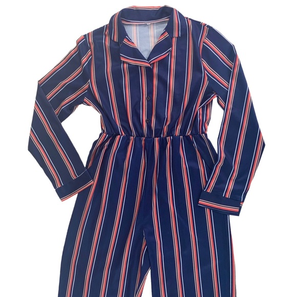 Women’s Long Sleeve London Striped Fitted One-Piece Costume Jumpsuit Size Large - Picture 3 of 16